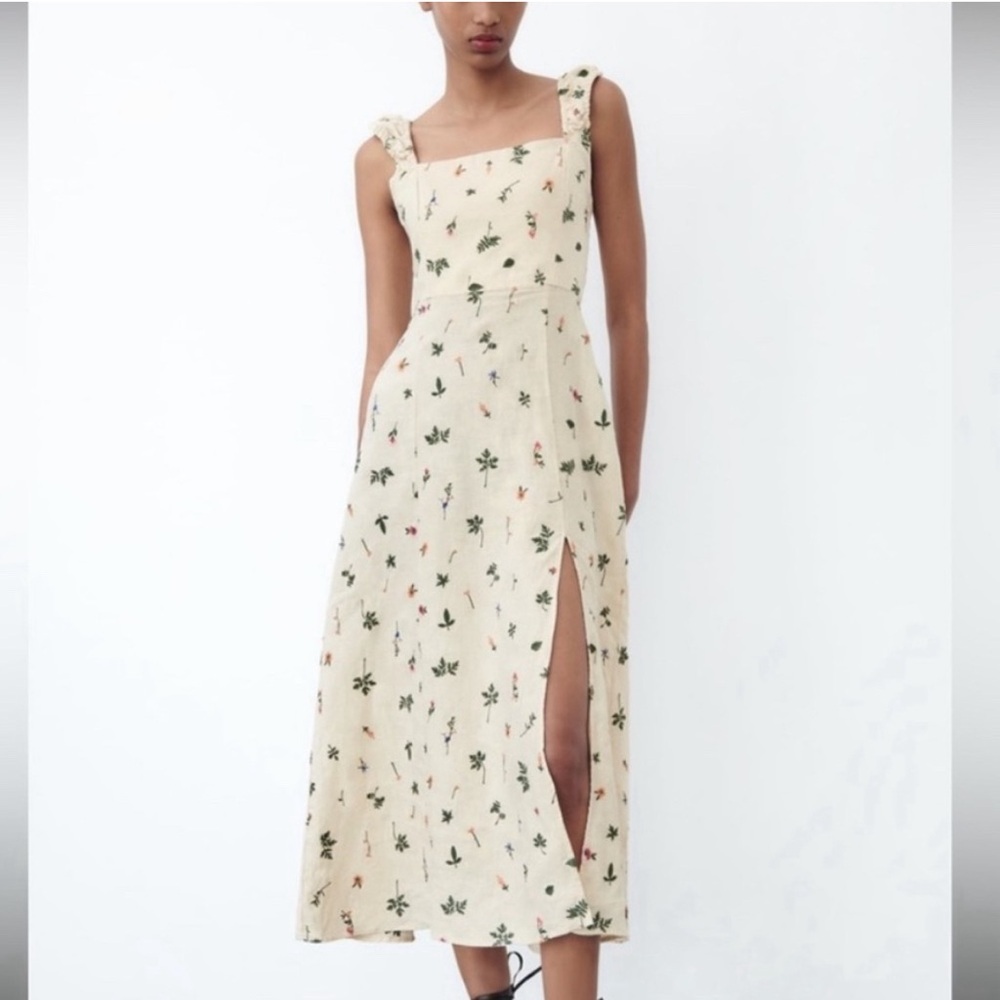 Zara | Floral Embroidered Linen Dress | Size S